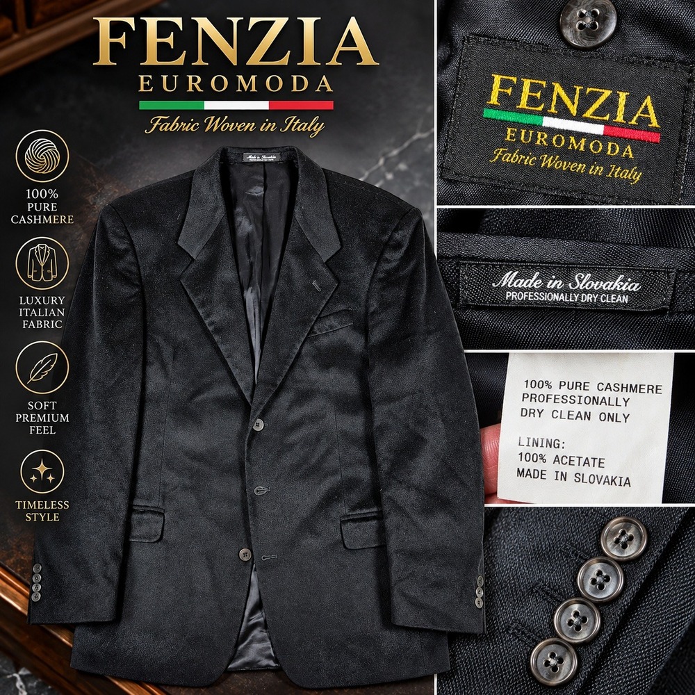 Fenzia Euromoda Men 42L Black 100% Pure Cashmere 3-Button Up L/S Sport Coat
